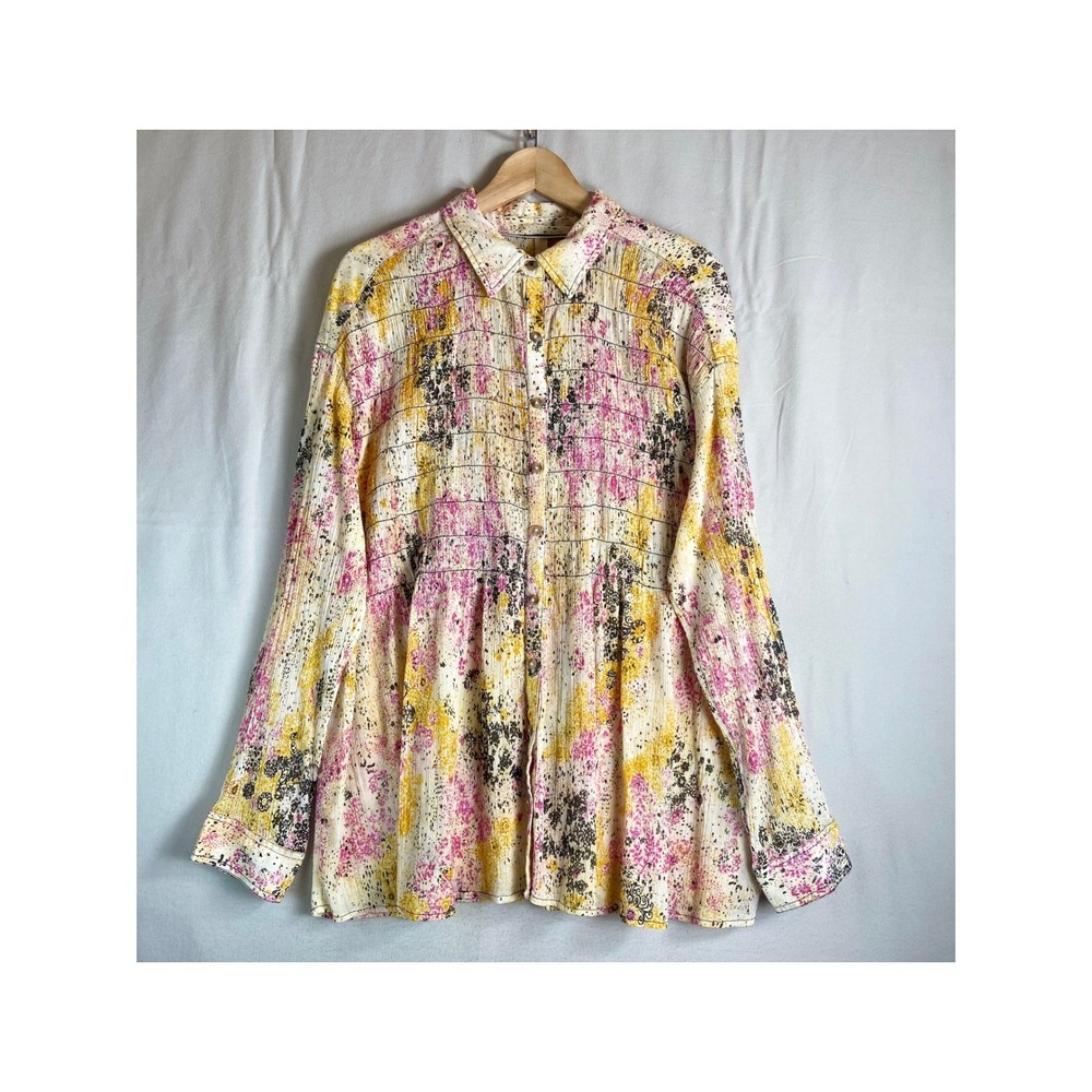 Pilcro Anthropologie L Floral Print Button Front Peplum Tunic Blouse Boho Artsy